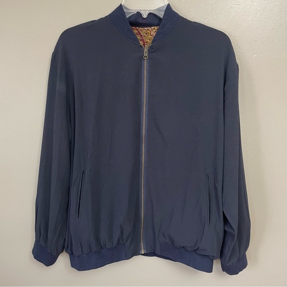 World Market Bomber Jacket Floral Embroidered Dark Navy Zip Reversible Paisely - Picture 3 of 12